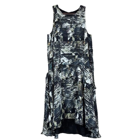 Club Monaco Abstract Leaf Print Ruffle Trim Cocktail Dress Black Green Size 4 - Picture 1 of 9